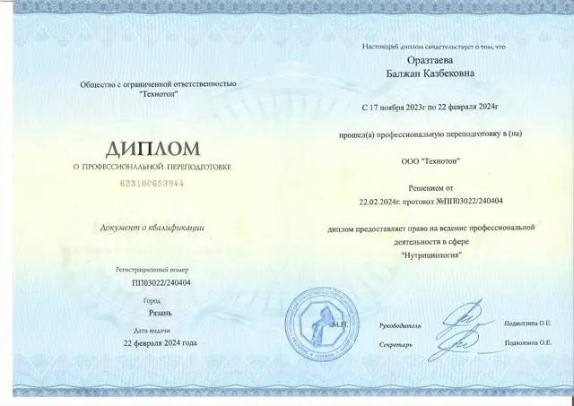Диплом о переподготовке по нутрициологии